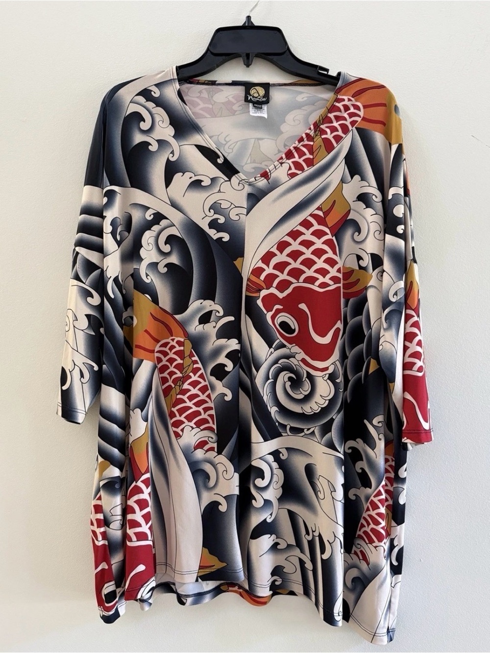 ANNE NAMBA Print 3/4 Sleeve Washable Tunic Blouse Top One Size, Koi Fish